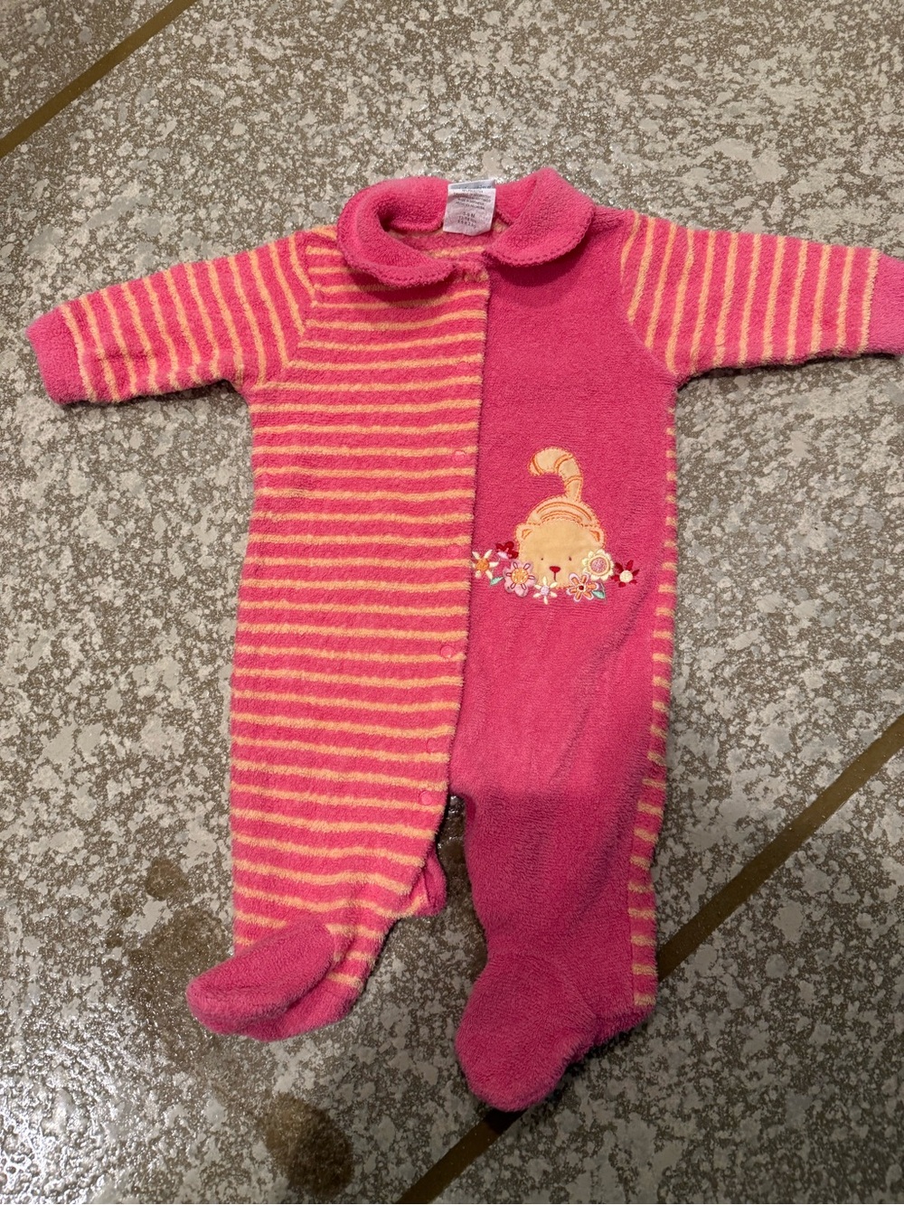 Vintage Carter's Pink Orange Stripe Cat Terry Cloth Baby Girl Sleeper